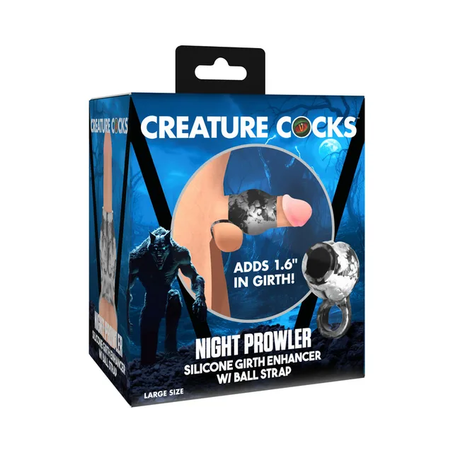 Creature Cocks Night Prowler large gray girth enhancer box with 1.6-inch callout and moonlit wolf graphic