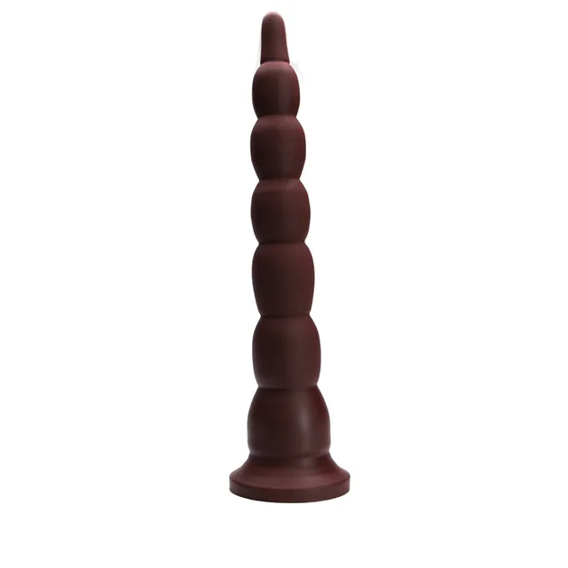 Tall garnet Tantus Cowboy firm dildo with graduated beads and round base