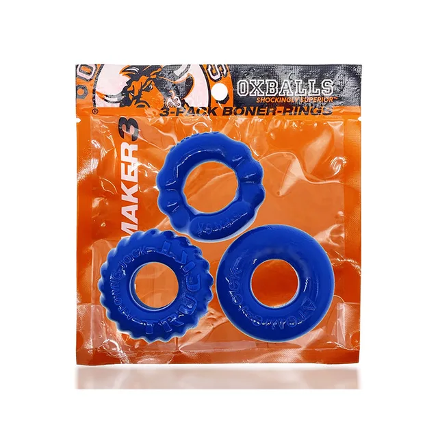 OxBalls Bonemaker Pool Blue three-ring kit with smooth ribbed and treaded profiles