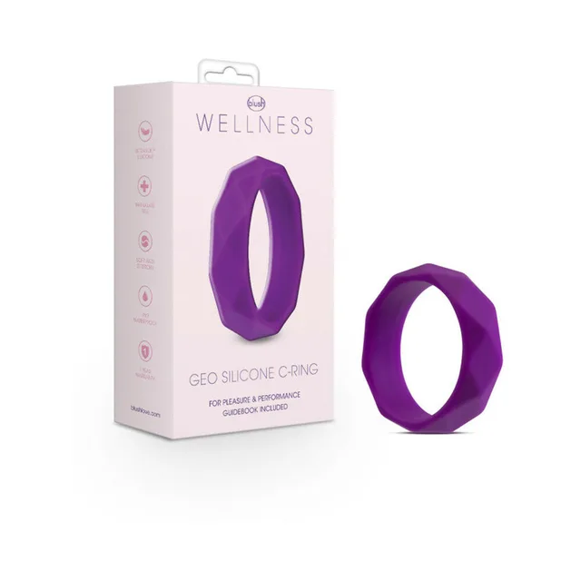 Blush Wellness Geo purple faceted ring beside retail box