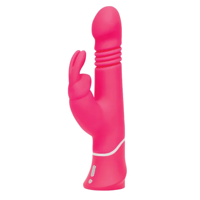 Happy Rabbit Thrusting hot-pink vibrator upright front angle showing rabbit arm and ribbed collar