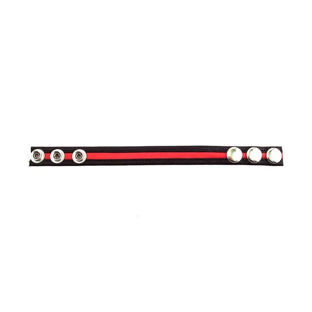 Rouge black leather cock strap with red stripe and three silver snaps