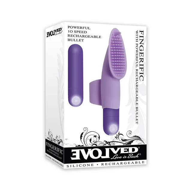 Evolved Fingerific purple finger vibrator with rechargeable bullet in white retail box
