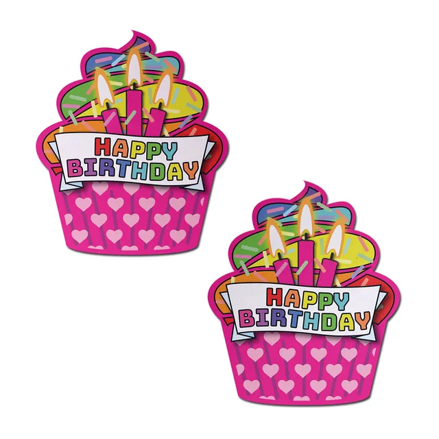 pink cupcake Pastease pasties with candles, hearts and Happy Birthday lettering