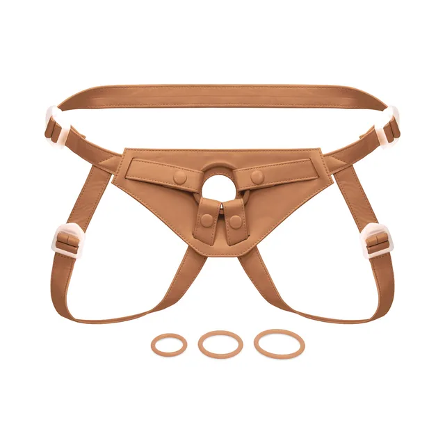 Together Toy NudeFit FlexCurv tan strap-on harness laid flat with three rings