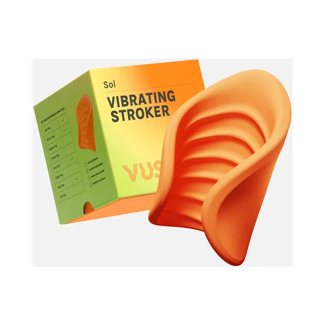 orange ribbed VUSH SOL vibrating stroker displayed beside green-orange box