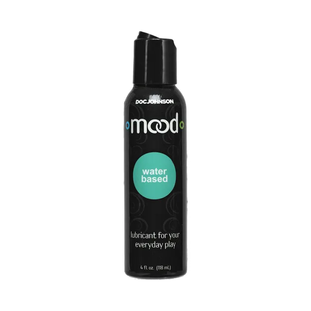 Mood Water-Based Lubricant 4 oz black bottle with open flip-top cap