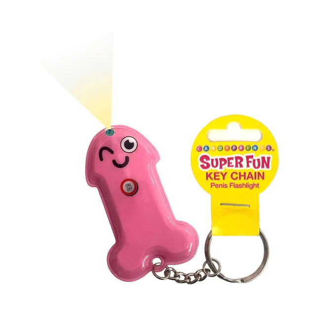 Pink Super Fun Penis flashlight keychain with yellow retail card