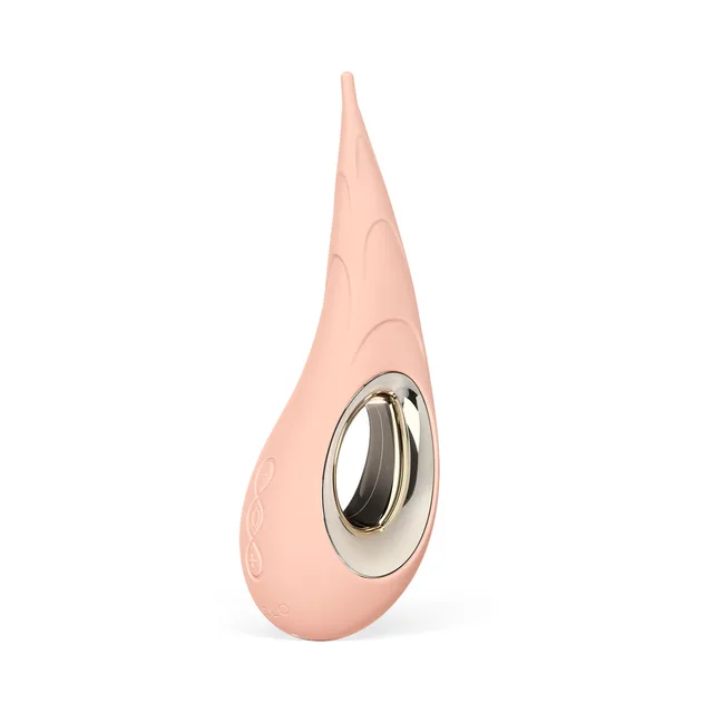 angled front view of peach LELO DOT Cruise with metallic oval opening