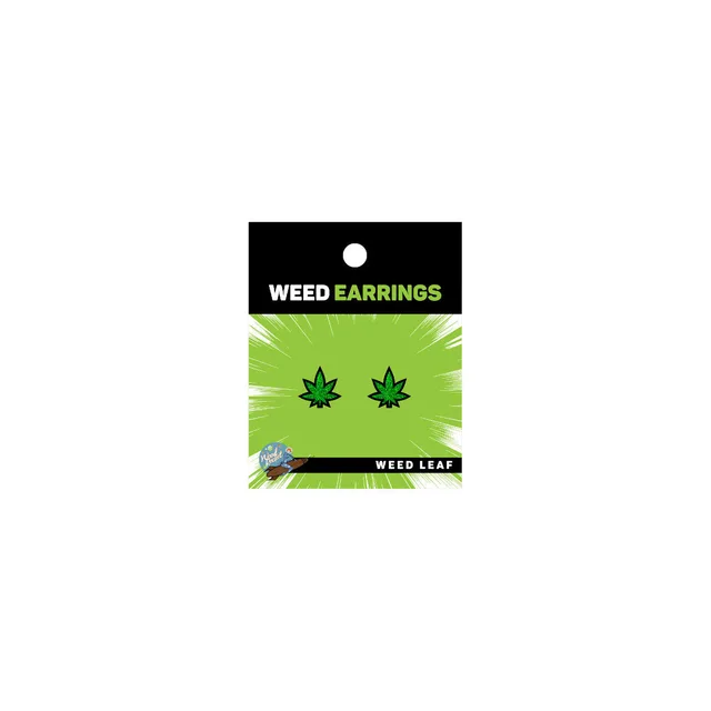 pair of green glitter weed leaf earrings on Wood Rocket display card
