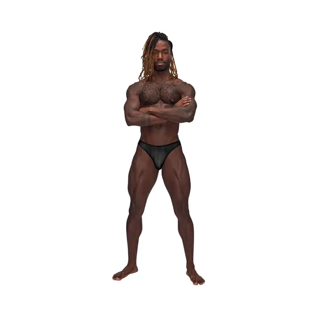 Full front view of model wearing black L/XL Barely There Moonshine Jock