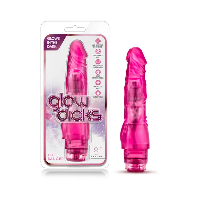 Glow Dicks The Banger Pink 8 Inch Vibrator beside clear pink retail package