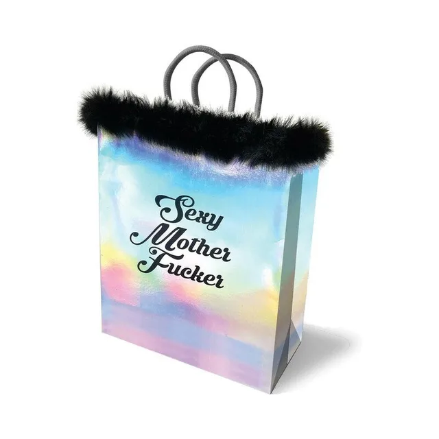 iridescent Sexy Mother Fucker paper gift bag with black handles and fluffy trim