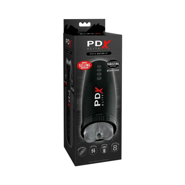 PDX Elite Motobator 2 black stroker black retail box with capsule body and clear lower sleeve visible