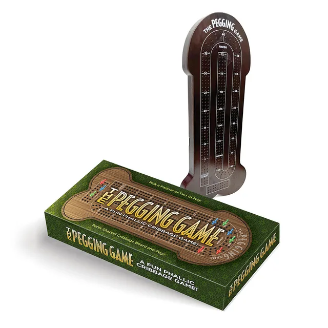green The Pegging Game box with upright penis-shaped cribbage board