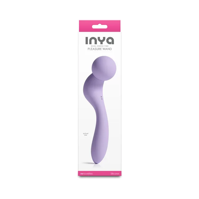 INYA lavender curved pleasure wand inside the white and pink hanging retail box