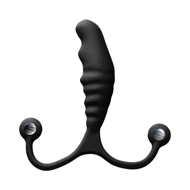 front view of black Aneros PSY with ribbed body and two adjustable side arms