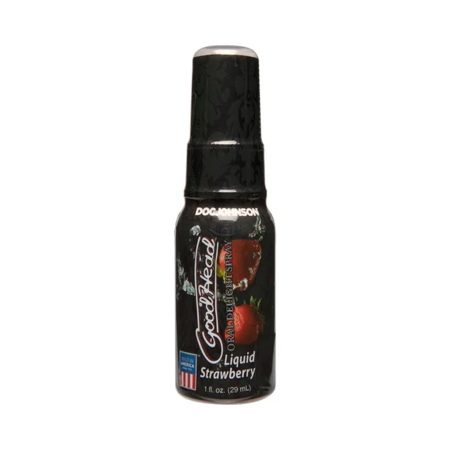 Doc Johnson GoodHead Strawberry Spray compact black bottle with strawberry label and clear cap