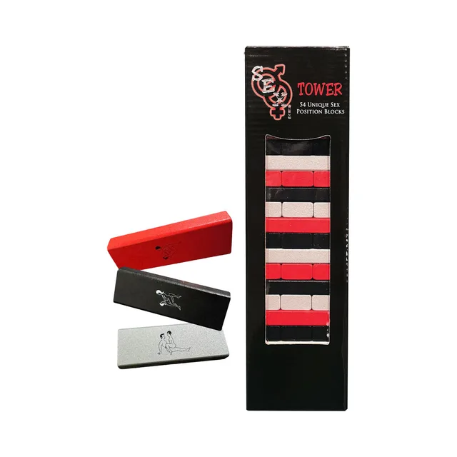 Kheper Games SEX Tower adult block game with red black and white pieces beside the tall retail box