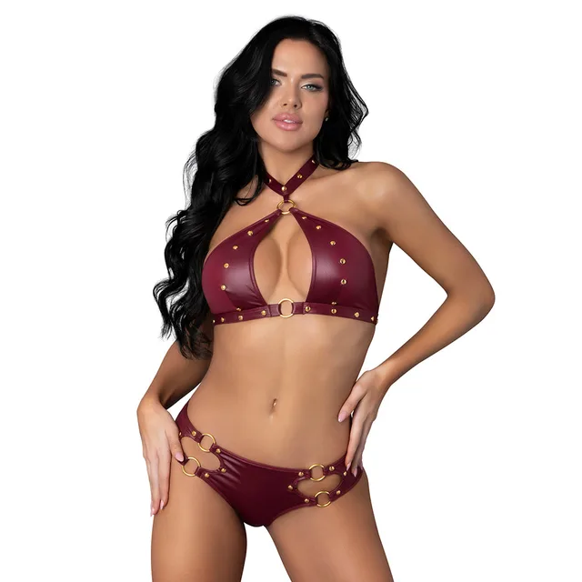Lust Fetish Juno L/XL burgundy choker bra and cutout short set front view worn by model