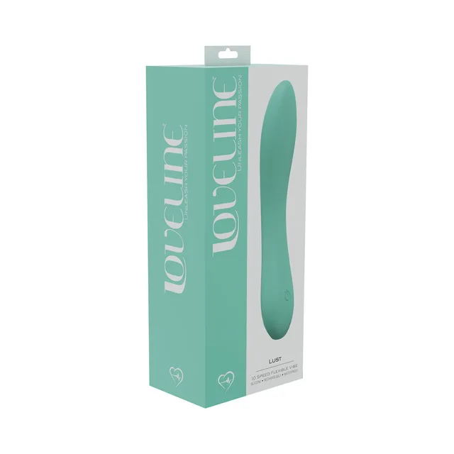 green LoveLine Lust flexible vibrator pictured on mint green retail box