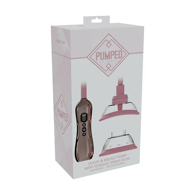 PUMPED rose-gold rechargeable pump with flanged attachment rose and white retail box front view