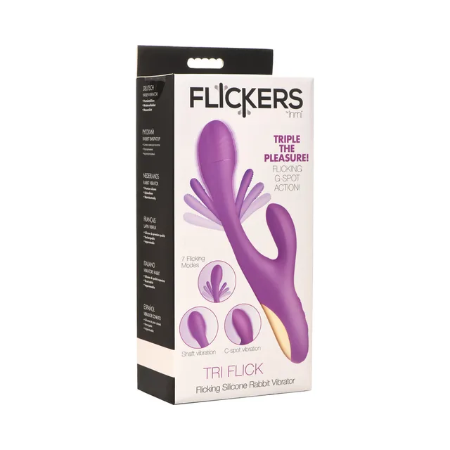 Flickers Tri-Flick purple rabbit vibrator pictured on white retail carton