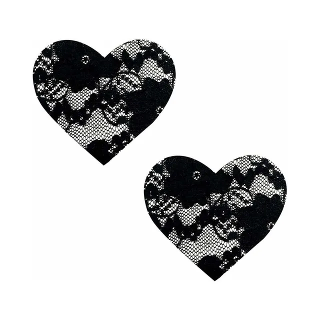 Pair of black Neva Nude heart pasties with floral lace pattern