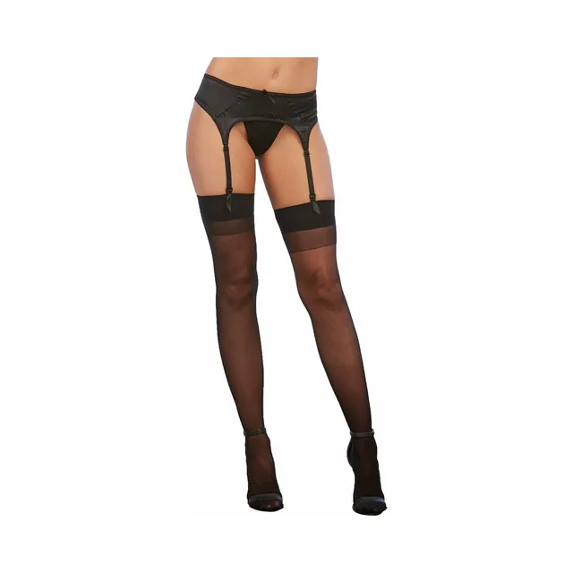 Front view of black sheer plain-top thigh highs