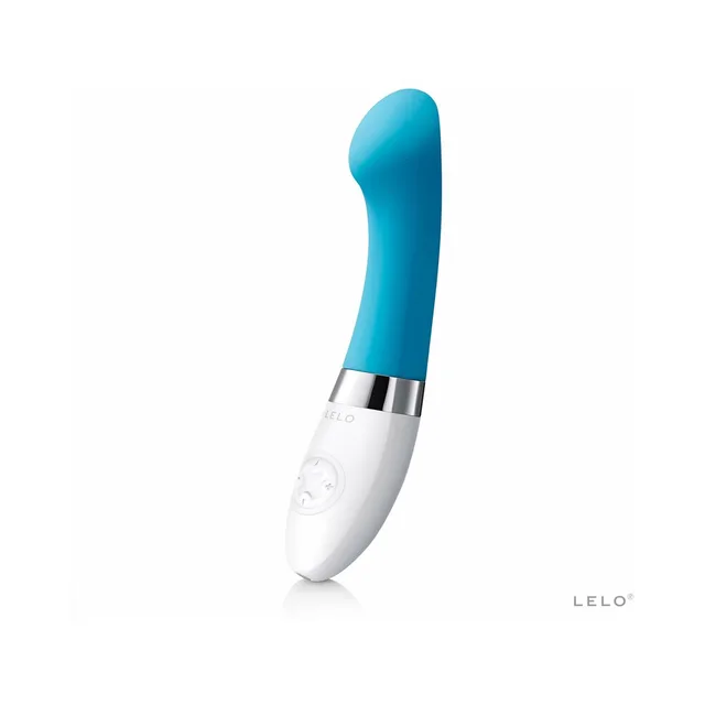 Turquoise curved LELO GIGI 2 vibrator on white background