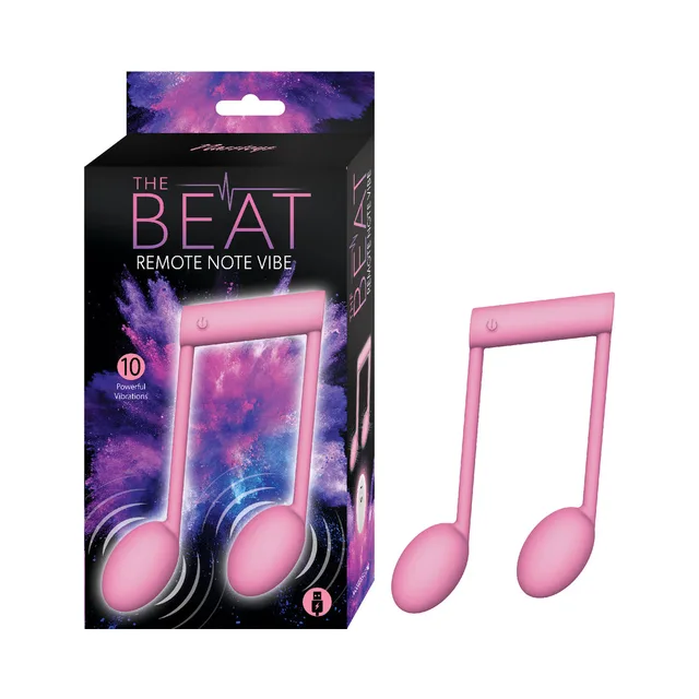 Pink Nasstoys The Beat dual note vibrator displayed beside its black box