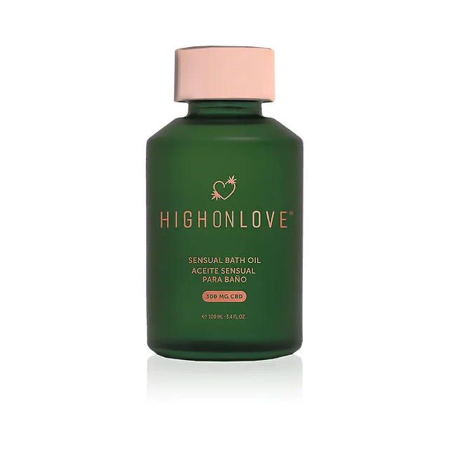 front view of green HighOnLove CBD Bath and Body Oil bottle