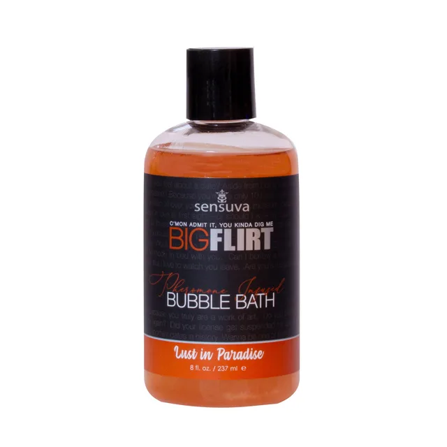 Front of 8 oz Lust in Paradise orange bubble bath bottle