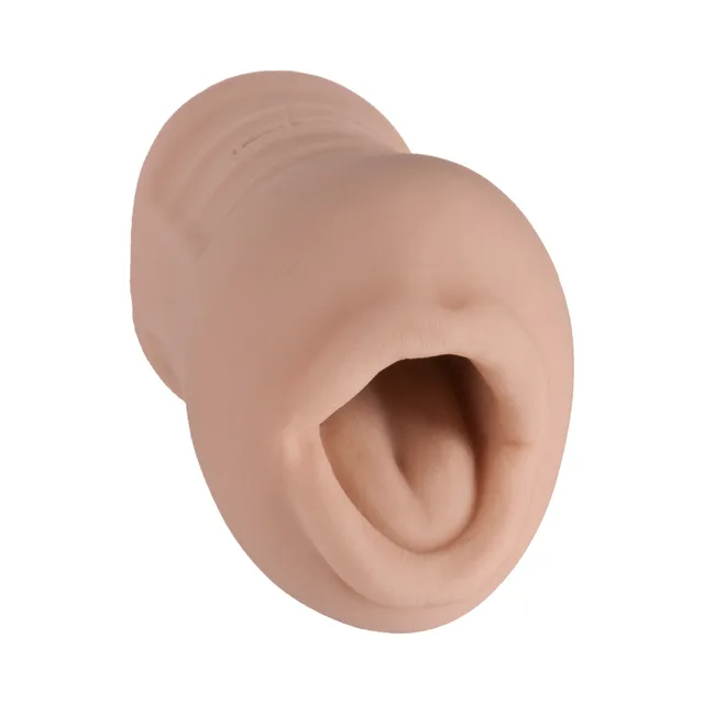 Front angle of beige Sasha Grey Pocket Pal molded mouth opening