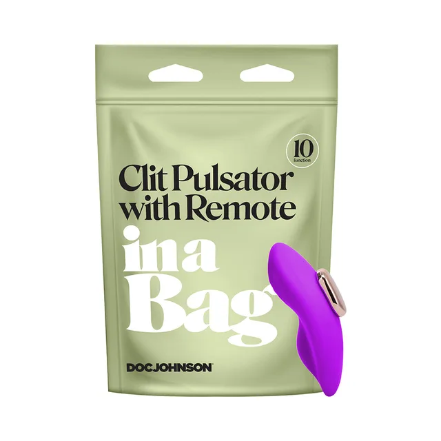 purple In A Bag remote panty vibrator beside green hanging pouch