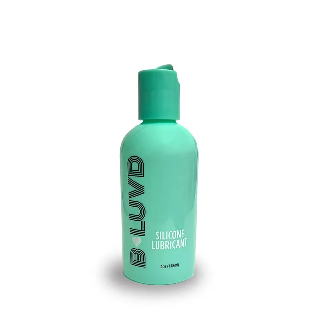 teal 4 oz B-Luvd Silicone Lubricant bottle with matching disc cap