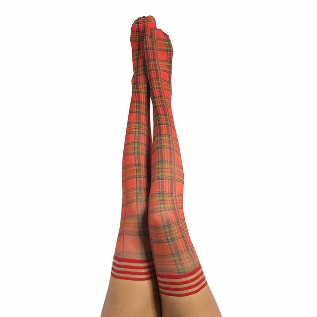 red plaid Kixies Grace Size A thigh-high stockings with striped top bands