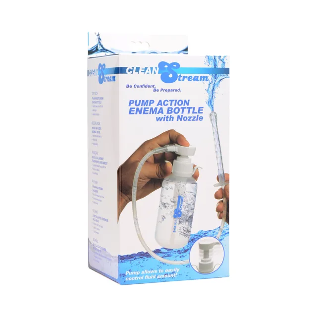 CleanStream pump-action enema bottle with clear reservoir hose and nozzle on box