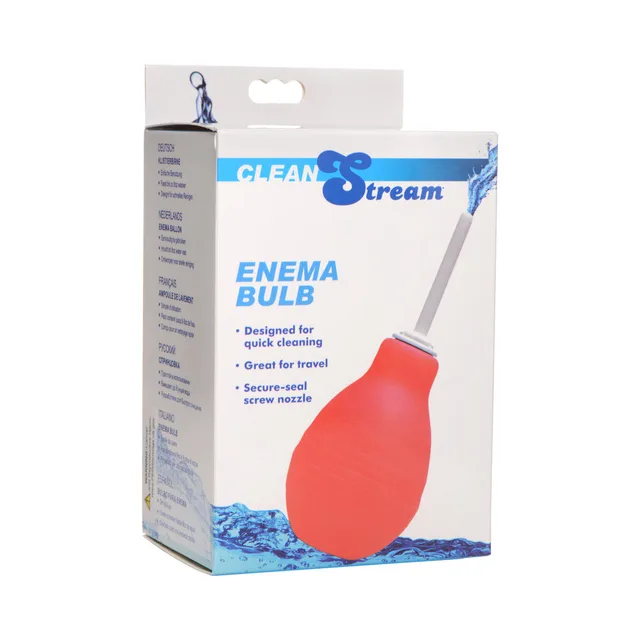 red CleanStream enema bulb with long white screw-on nozzle on box