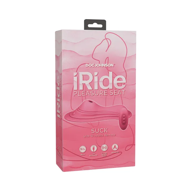 pink Doc Johnson iRide Suck pleasure seat pictured on blush retail package