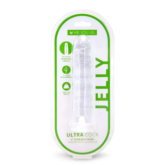 Me You Us Ultracock clear jelly dong front view in white-and-green blister package with curved shaft visible