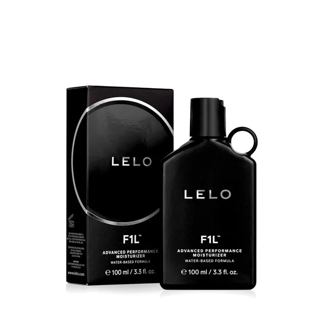 Black LELO F1L 100 ml bottle beside retail box
