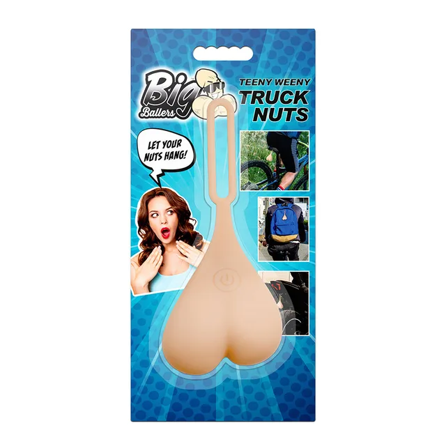 Beige Teeny Weeny Truck Nuts hanging novelty in black retail package