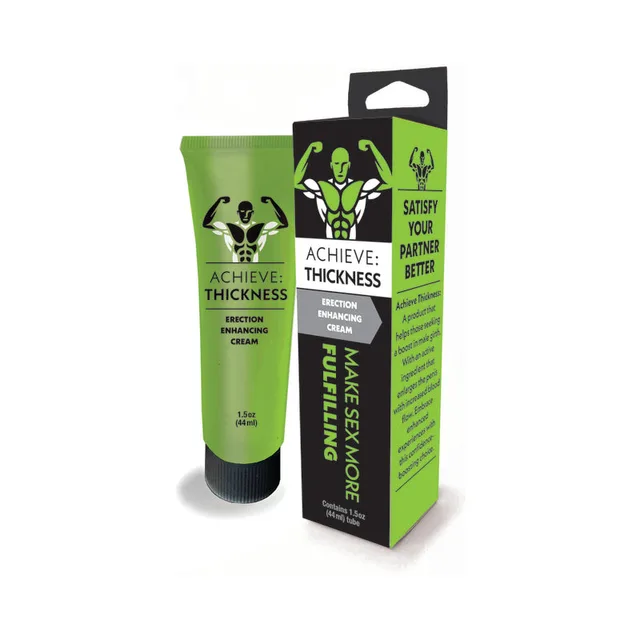 green 1.5 oz Achieve Thickness cream tube beside coordinated black and green box