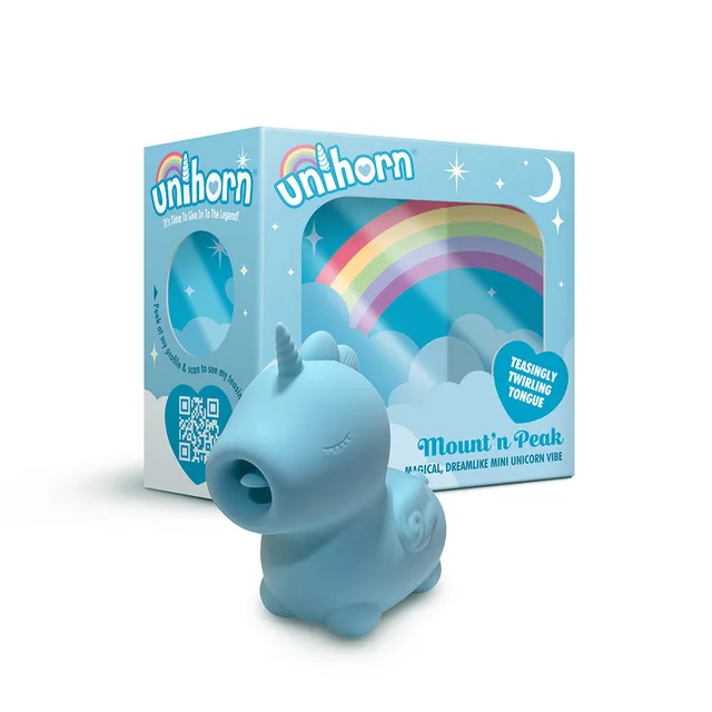 Creative Conceptions Unihorn Mount'n Peak blue unicorn vibrator beside rainbow retail box