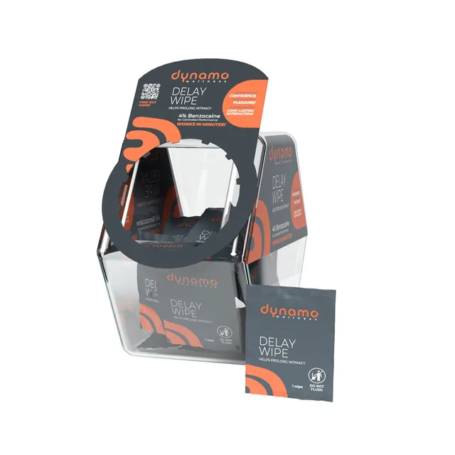 Dynamo delay wipe sachets in black-orange display bowl