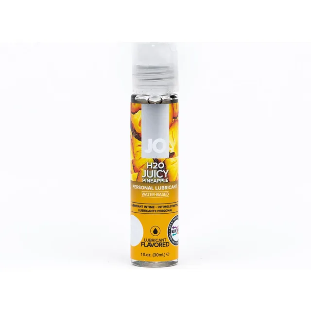 Front view of 1 oz JO H2O Juicy Pineapple bottle with silver cap and yellow label