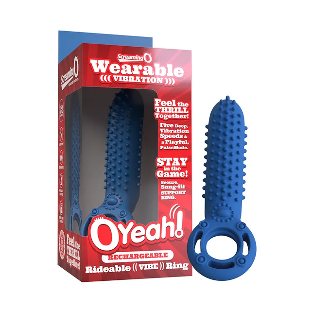 Blue rechargeable OYeah ring beside red retail box