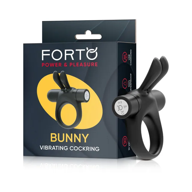 Forto Bunny black vibrating cock ring beside retail box