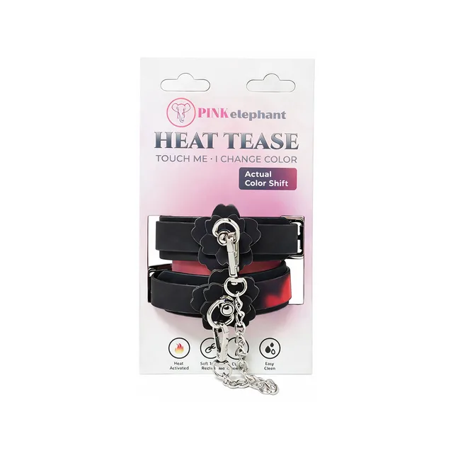 Pink Elephant Heat Tease black and pink flower cuffs with chain retail card with paired buckle cuffs and connector chain